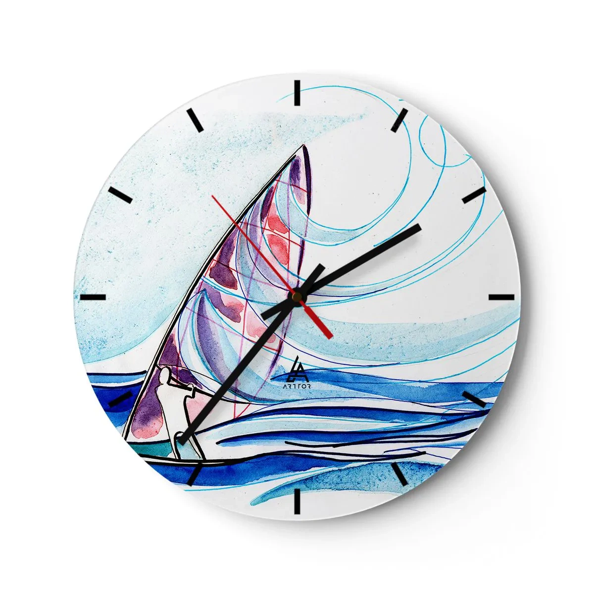 Ceas de perete - Ceas pe sticlă - O barcă cu pânze pe o mare furtunoasă, într-o formă dinamică și abstractă - 30x30cm - Cu vântul în ritmul valurilor - Decorațiune modernă pentru perete pentru living, bucătărie și dormitor ARTTOR