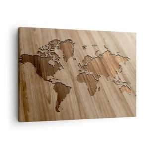 Tablou pe pânză Canvas - O hartă a lumii decupată pe o suprafață de lemn - 70x50cm - Lumea servită pe masă - Decorațiune modernă pentru perete pentru living și dormitor ARTTOR