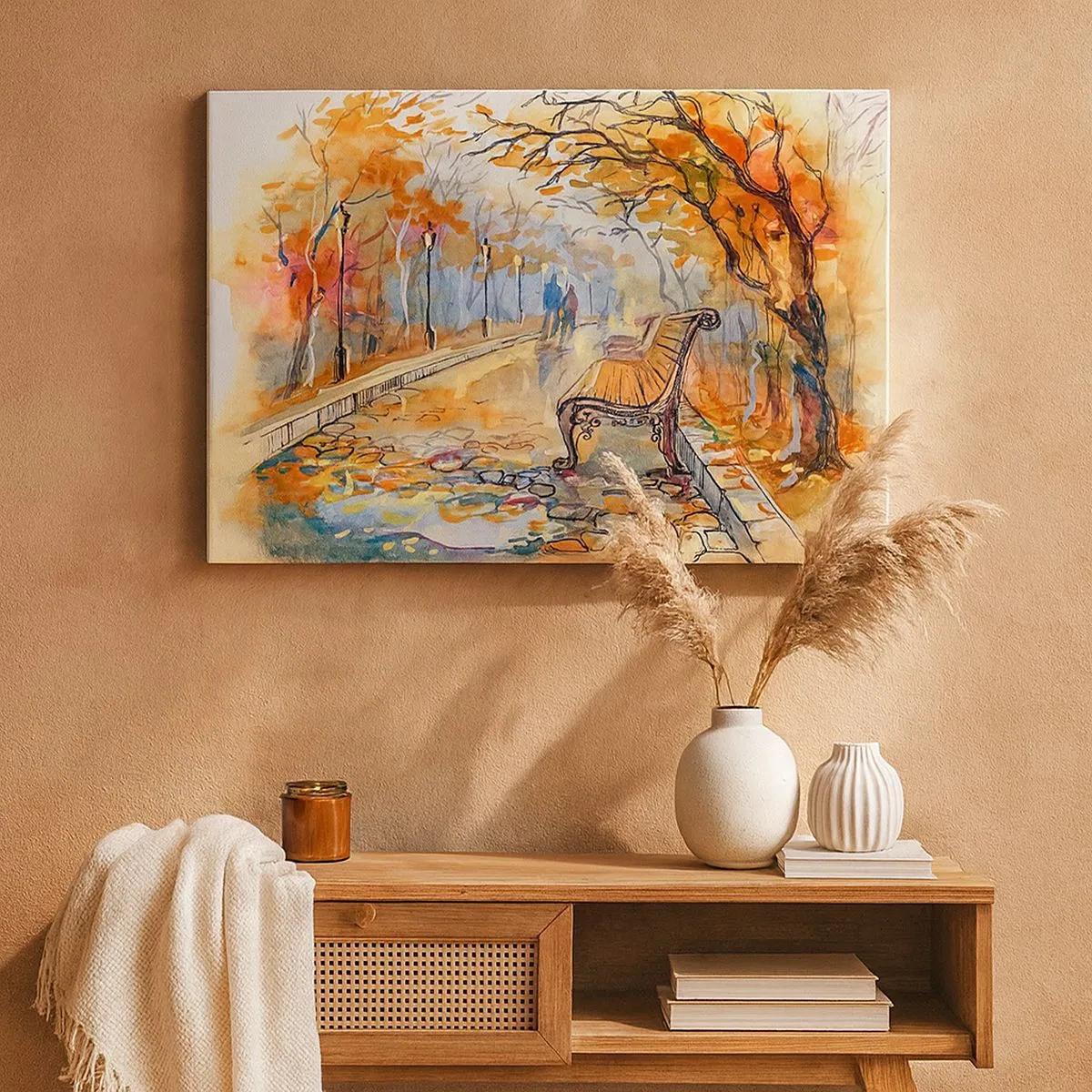Tablou pe pânză Canvas - Un parc de toamnă cu o bancă în acuarelă - 70x50cm - Pășim împreună în toamnă - Decorațiune modernă pentru perete pentru living și dormitor ARTTOR