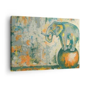 Tablou pe pânză Canvas - Un elefant care se echilibrează pe o minge într-un stil artistic - 70x50cm - Trăiască circul! - Decorațiune modernă pentru perete pentru living și dormitor ARTTOR