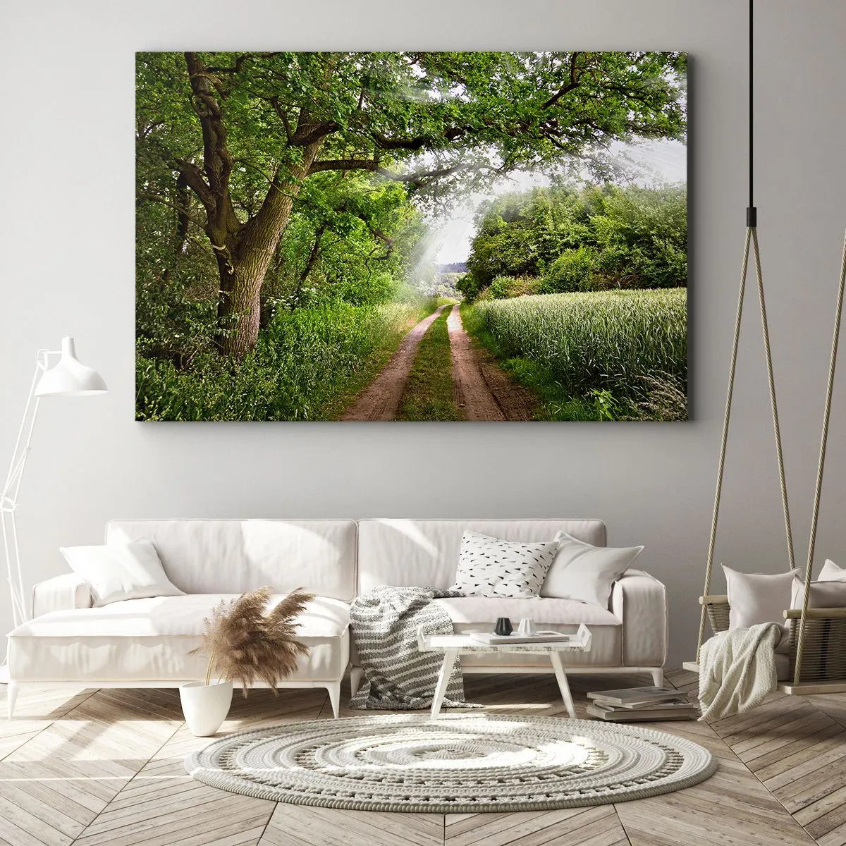 Tablou pe pânză Canvas - Un drum de pământ printre copaci verzi și lumina soarelui - 70x50cm - Et in Arcadia ego - Decorațiune modernă pentru perete pentru living și dormitor ARTTOR