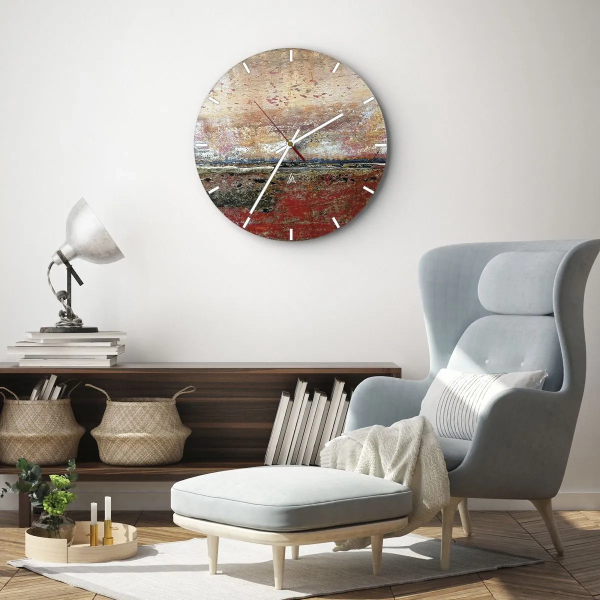 Ceas de perete - Ceas pe sticlă - Un peisaj abstract cu textură și tonuri calde de pământ. - 30x30cm - Oare este marea? - Decorațiune modernă pentru perete pentru living, bucătărie și dormitor ARTTOR