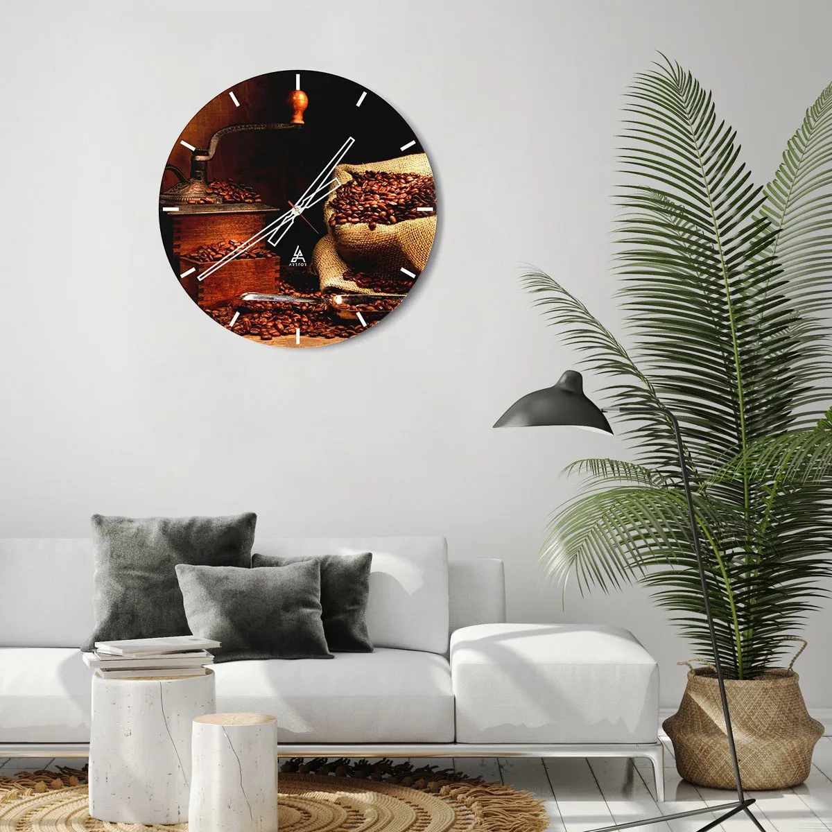 Ceas de perete - Ceas pe sticlă - Boabe de cafea și o râșniță în stil rustic - 30x30cm - Natură moartă cu boabe de cafea și măcinător - Decorațiune modernă pentru perete pentru living, bucătărie și dormitor ARTTOR