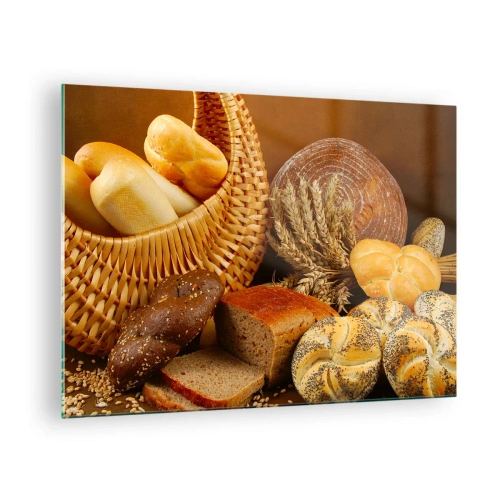 Tablou pe sticlă - Un coș cu pâine și pâini pe fundalul unor spice de grâu - 70x50cm - Am scăpat din nou - Decorațiune modernă pentru perete pentru living și dormitor ARTTOR