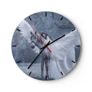 Ceas de perete - Ceas pe sticlă - O femeie lângă un cal alb cu aripile întinse - 30x30cm - Moment inspirat - Decorațiune modernă pentru perete pentru living, bucătărie și dormitor ARTTOR