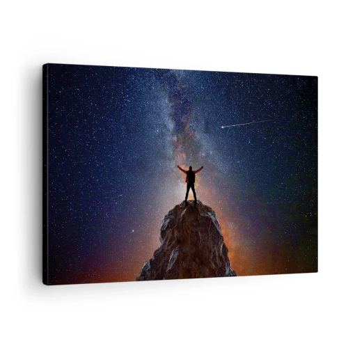 Tablou pe pânză Canvas - O figură pe vârful unui munte sub un cer înstelat - 70x50cm - Puterea este cu mine! - Decorațiune modernă pentru perete pentru living și dormitor ARTTOR