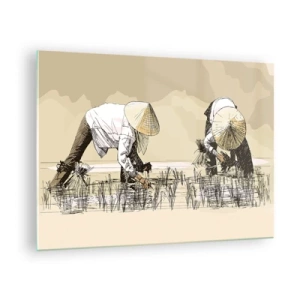 Tablou pe sticlă - O ilustrație minimalistă a fermierilor care lucrează - 70x50cm - O recoltă reușită - Decorațiune modernă pentru perete pentru living și dormitor ARTTOR