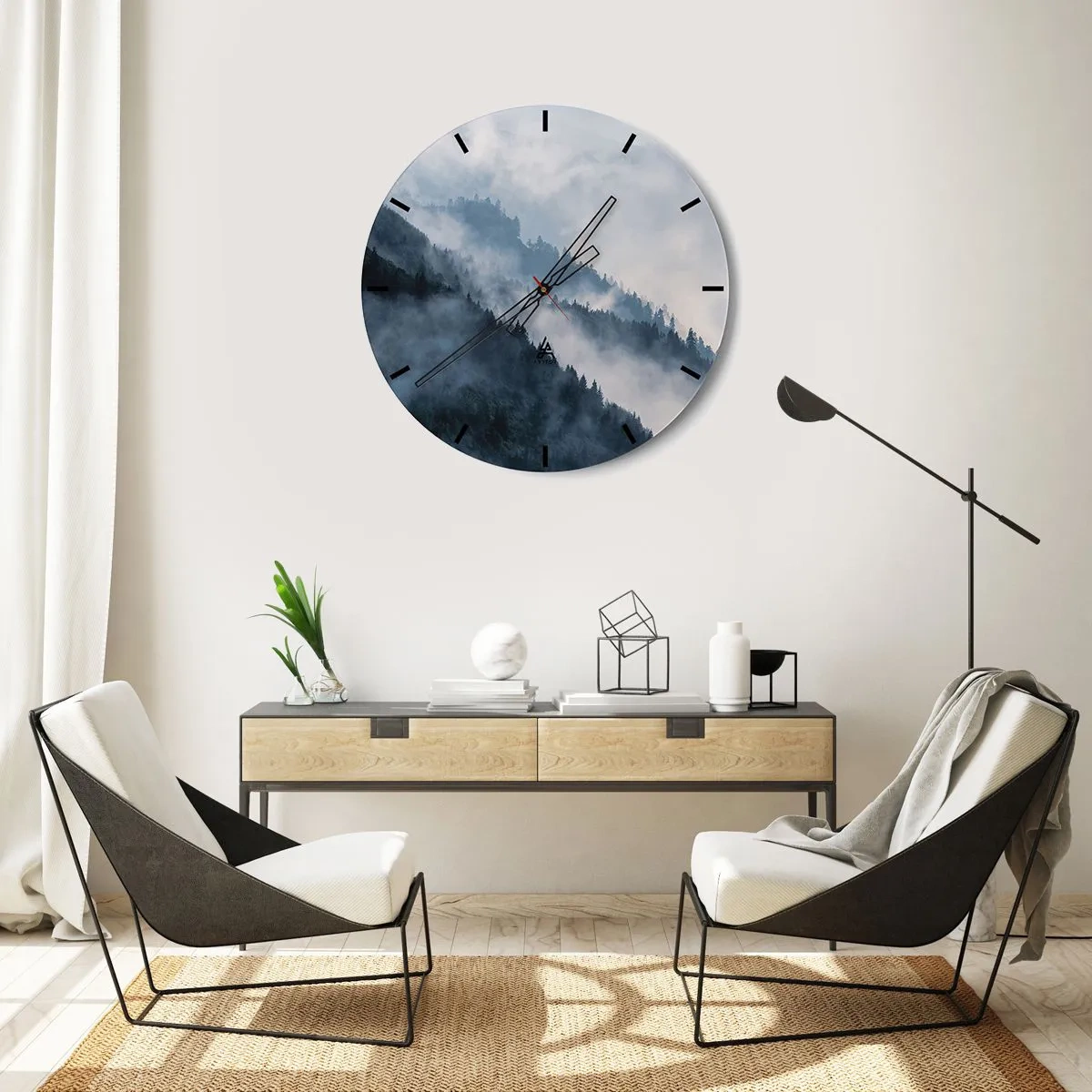 Ceas de perete - Ceas pe sticlă - Pădure încețoșată pe versanții munților - 30x30cm - Misticul munților - Decorațiune modernă pentru perete pentru living, bucătărie și dormitor ARTTOR