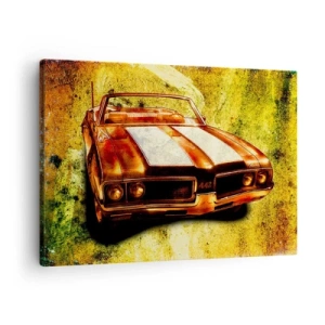 Tablou pe pânză Canvas - O decapotabilă retro sportivă în tonuri aurii pe un fundal vintage - 70x50cm - Puterea fermecătoare a formelor - Decorațiune modernă pentru perete pentru living și dormitor ARTTOR