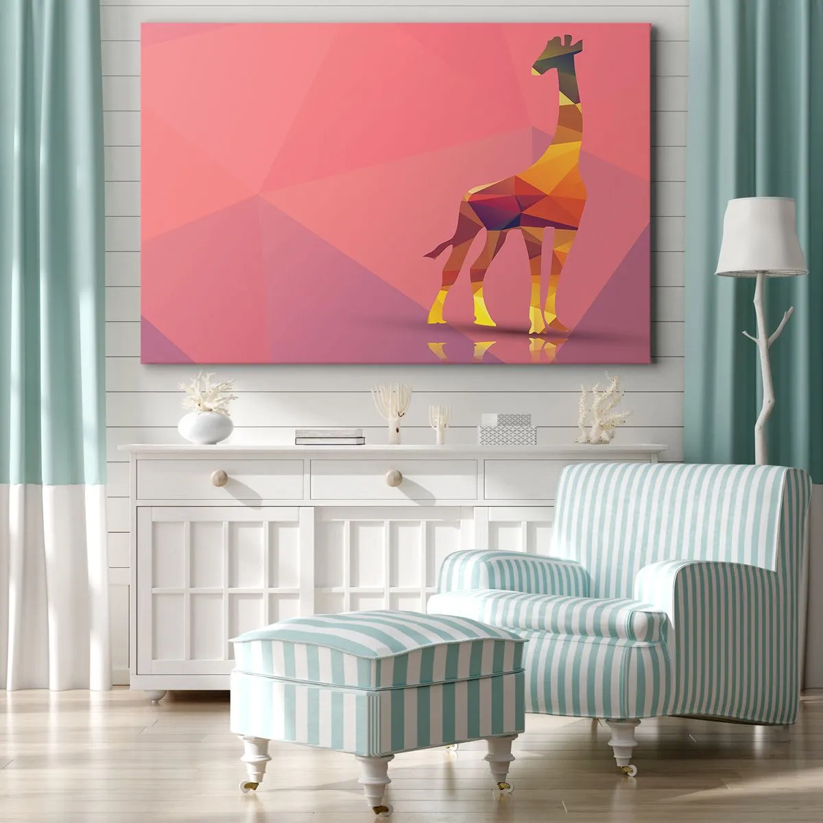 Tablou pe pânză Canvas - Siluetă geometrică de girafă în nuanțe pastelate de roz și galben - 70x50cm - În culorile savanei - Decorațiune modernă pentru perete pentru living și dormitor ARTTOR