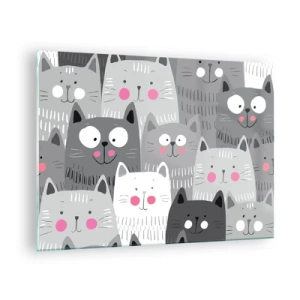 Tablou pe sticlă - Pisici amuzante în culori gri pe fundal alb - 70x50cm - Lumea felină - Decorațiune modernă pentru perete pentru living și dormitor ARTTOR