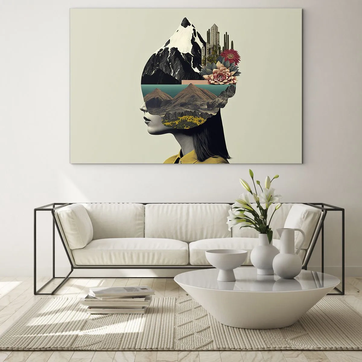 Tablou pe sticlă - Silueta unei femei cu un peisaj montan și floră în cap - 70x50cm - Femeia - întotdeauna un mister - Decorațiune modernă pentru perete pentru living și dormitor ARTTOR