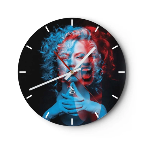 Ceas de perete - Ceas pe sticlă - Femeie cu efect 3D în culori albastru și roșu - 30x30cm - Alter ego - Decorațiune modernă pentru perete pentru living, bucătărie și dormitor ARTTOR