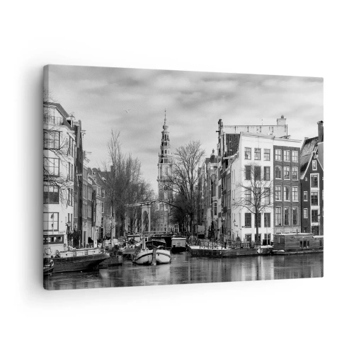 Tablou pe pânză Canvas - Panoramă alb-negru a Amsterdamului cu canal și clădiri istorice - 70x50cm - Amsterdam vibes - Decorațiune modernă pentru perete pentru living și dormitor ARTTOR