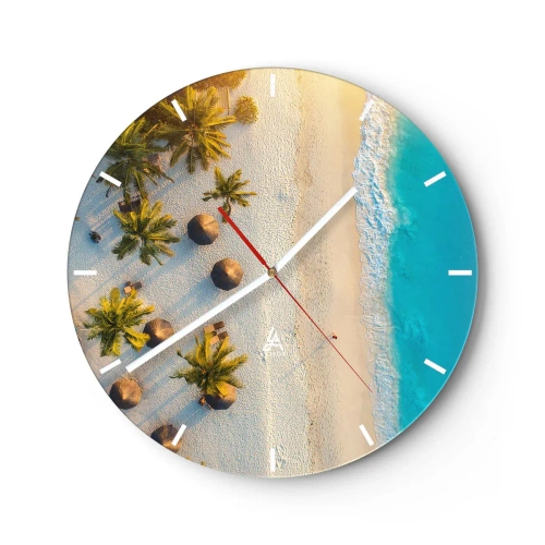 Ceas de perete - Ceas pe sticlă - Vedere de sus a plajei cu palmieri și mare turcoaz - 30x30cm - Bun venit în paradis - Decorațiune modernă pentru perete pentru living, bucătărie și dormitor ARTTOR