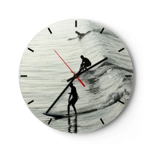 Ceas de perete - Ceas pe sticlă - Surferi prinzând valurile dimineții pe o mare calmă - 30x30cm - Pentru a întâmpina valul - Decorațiune modernă pentru perete pentru living, bucătărie și dormitor ARTTOR