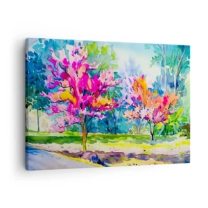 Tablou pe pânză Canvas - Copaci colorați într-un parc în stil acuarelă - 70x50cm - Grădina curcubeului în splendoarea primăverii - Decorațiune modernă pentru perete pentru living și dormitor ARTTOR