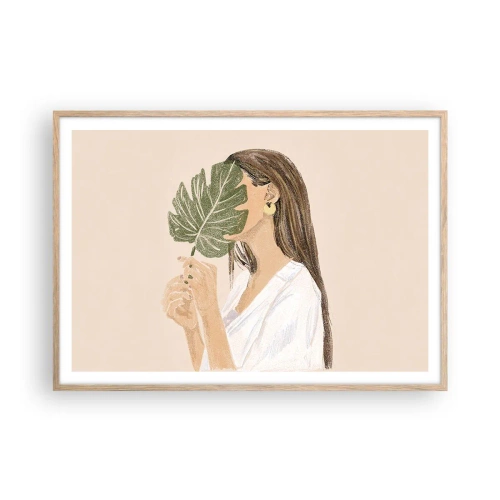 Poster în ramă de stejar deschis - Portret misterios cu un evantai - 100x70 cm