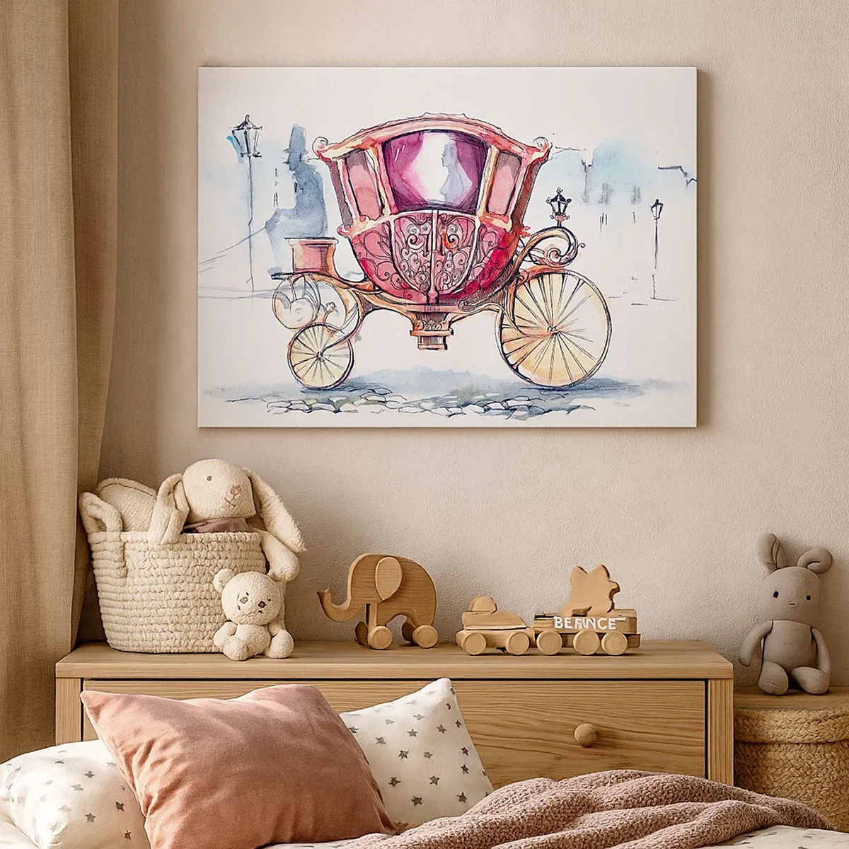 Tablou pe pânză Canvas - O ilustrație elegantă a unei trăsuri antice în culori pastelate. - 70x50cm - Pentru nuntă sau pentru bal? - Decorațiune modernă pentru perete pentru living și dormitor ARTTOR