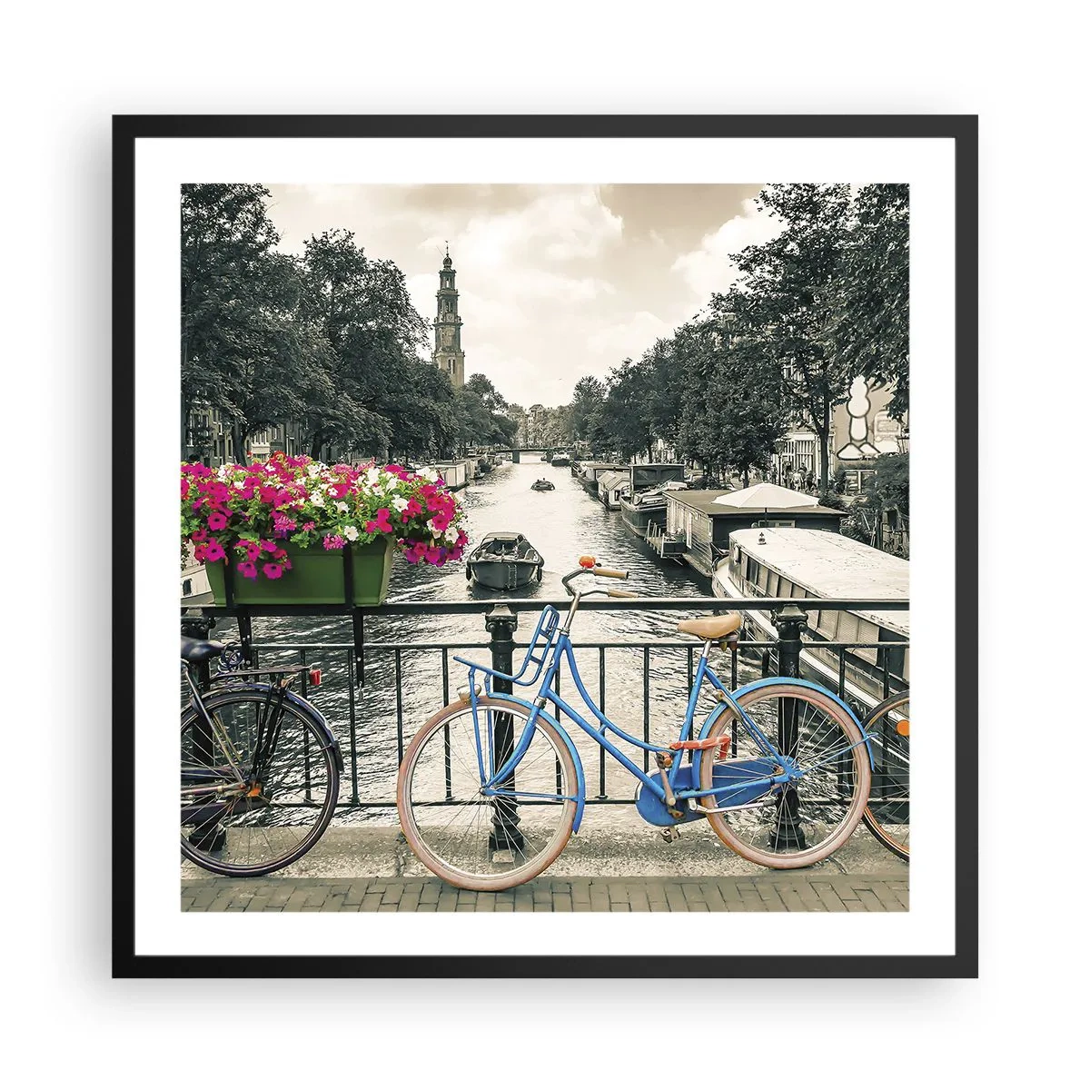 Poster în ramă neagră - Culorile unui canal din Amsterdam - 60x60 cm