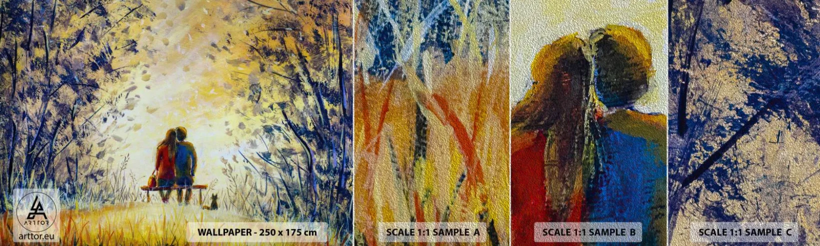 Mostră tapet Premium Sand - Un moment magic - Un cuplu de îndrăgostiți, Parc, Natură - 100x30 cm