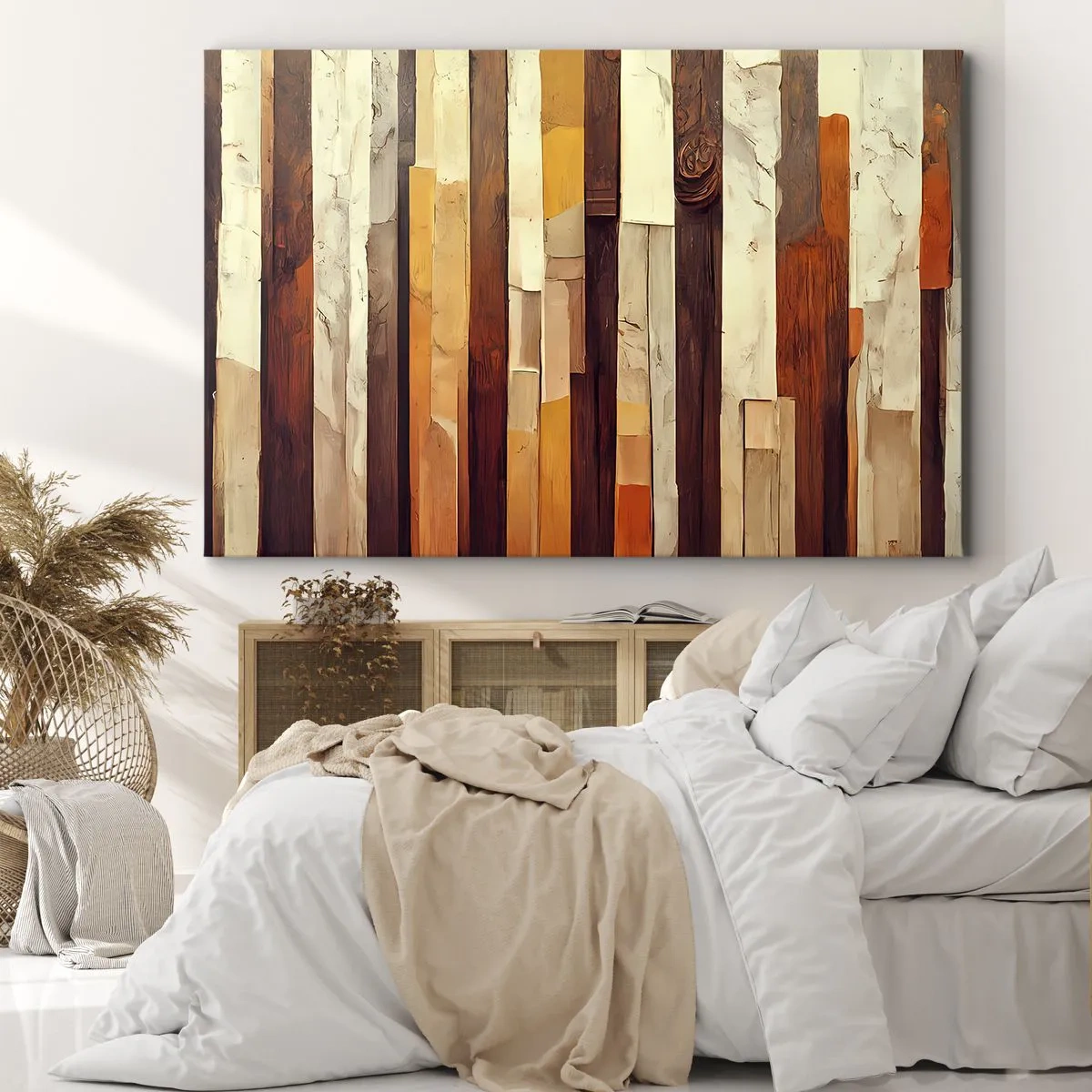 Tablou pe pânză Canvas - Compoziție geometrică în nuanțe de lemn și auriu - 70x50cm - Imnul copacilor din pădure - Decorațiune modernă pentru perete pentru living și dormitor ARTTOR