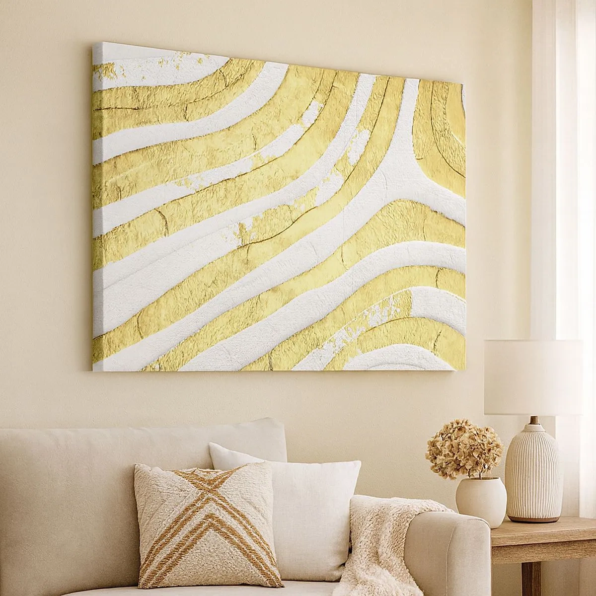 Tablou pe pânză Canvas - Linii abstracte aurii și albe într-o textură 3D - 70x50cm - Compoziția în alb și auriu - Decorațiune modernă pentru perete pentru living și dormitor ARTTOR