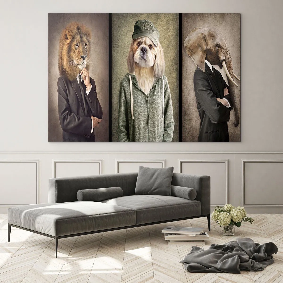 Tablou pe sticlă - Trei animale în stiluri diferite, de la elegant la casual - 70x50cm - Be cool - Decorațiune modernă pentru perete pentru living și dormitor ARTTOR