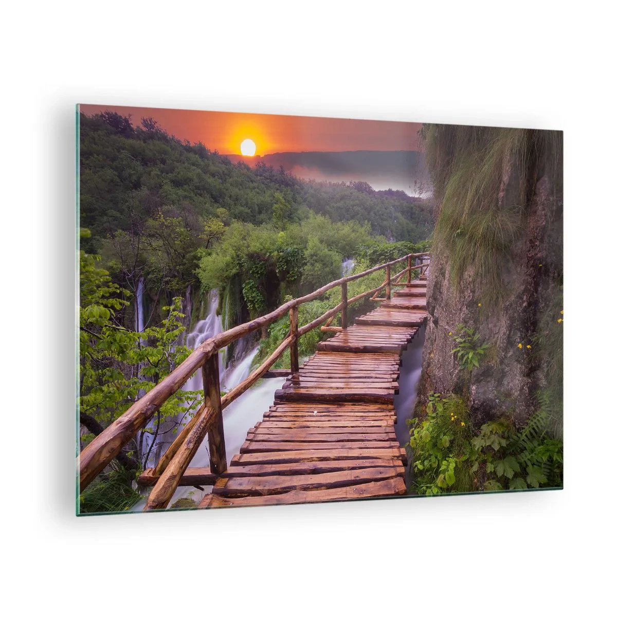 Tablou pe sticlă - alee de lemn printre verdeață la apus - 70x50cm - Frumusețe de necrezut - Decorațiune modernă pentru perete pentru living și dormitor ARTTOR