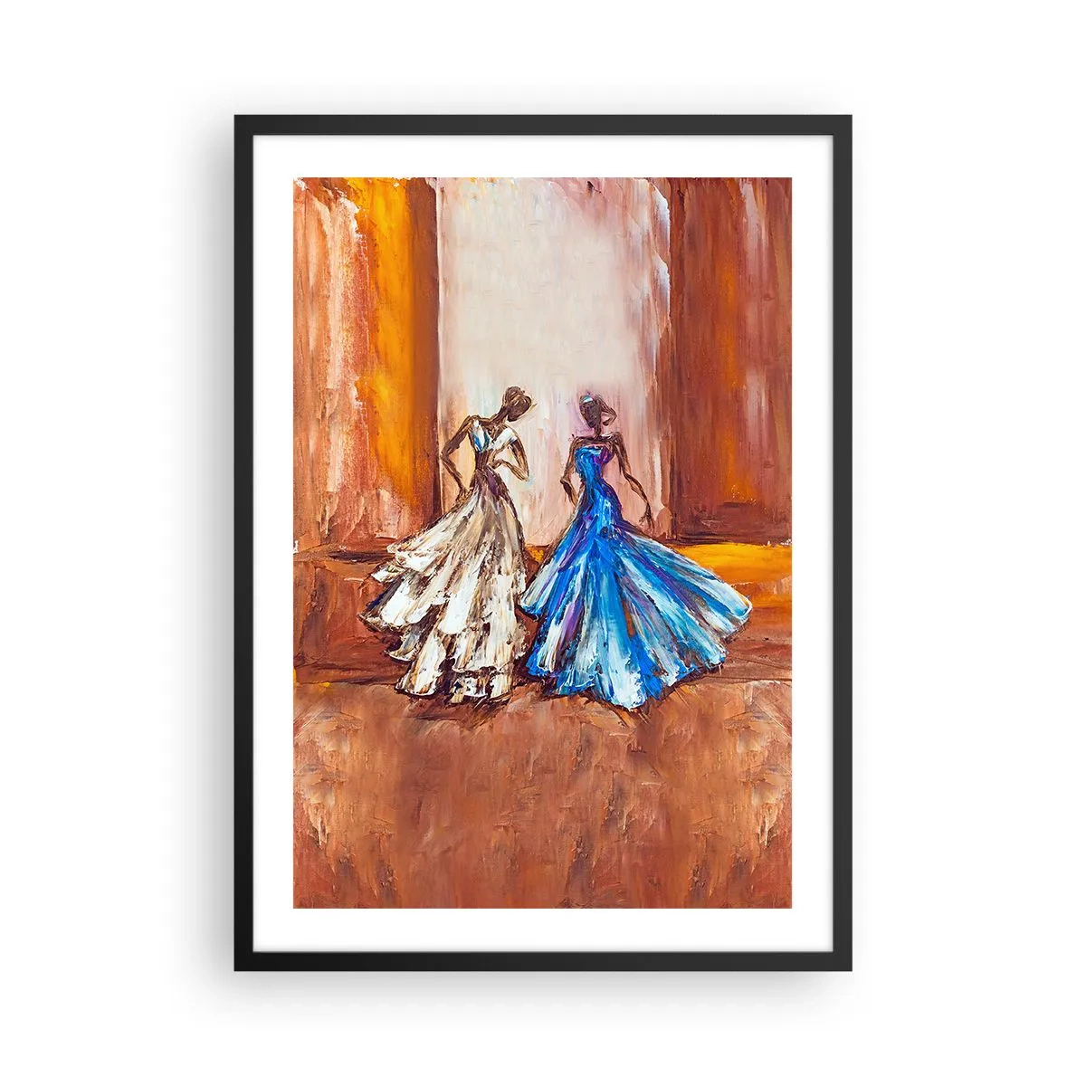 Poster în ramă neagră - Două femei în rochii pe fundalul unui interior auriu - 50x70cm - Duetul fermecător - Decorațiune modernă pentru perete pentru living și dormitor ARTTOR