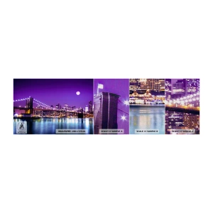 Mostră tapet Premium Canvas - Luminile marelui oraș în mov - Oraș, New York, Podul Brooklyn - 100x30 cm