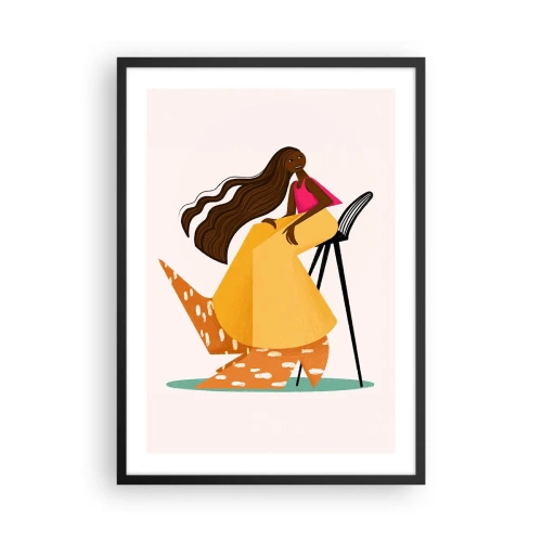 Poster în ramă neagră - O figură feminină stilizată în culori calde pe un fundal abstract. - 50x70cm - Moda este distractivă - Decorațiune modernă pentru perete pentru living și dormitor ARTTOR