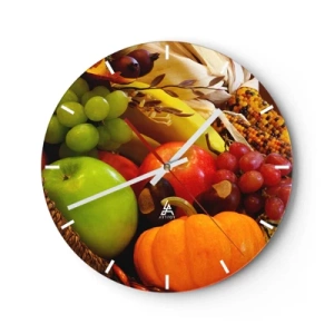 Ceas de perete - Ceas pe sticlă - Fructe și legume de toamnă într-un coș - 30x30cm - Coșul de recoltă - Decorațiune modernă pentru perete pentru living, bucătărie și dormitor ARTTOR