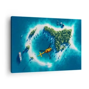 Tablou pe pânză Canvas - O insulă tropicală înconjurată de ape turcoaz, cu un elicopter la vedere - 70x50cm - Cumpără-ți o insulă - Decorațiune modernă pentru perete pentru living și dormitor ARTTOR