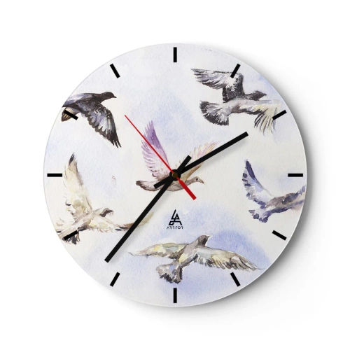 Ceas de perete - Ceas pe sticlă - Un stol de păsări în zbor pe un fundal de nuanțe delicate de albastru - 30x30cm - Libertatea în gri și albastru - Decorațiune modernă pentru perete pentru living, bucătărie și dormitor ARTTOR