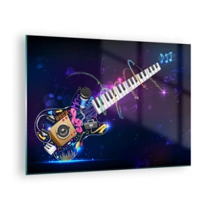 Tablou pe sticlă - Compoziție muzicală colorată cu instrumente și note - 70x50cm - Și totul este în regulă - Decorațiune modernă pentru perete pentru living și dormitor ARTTOR