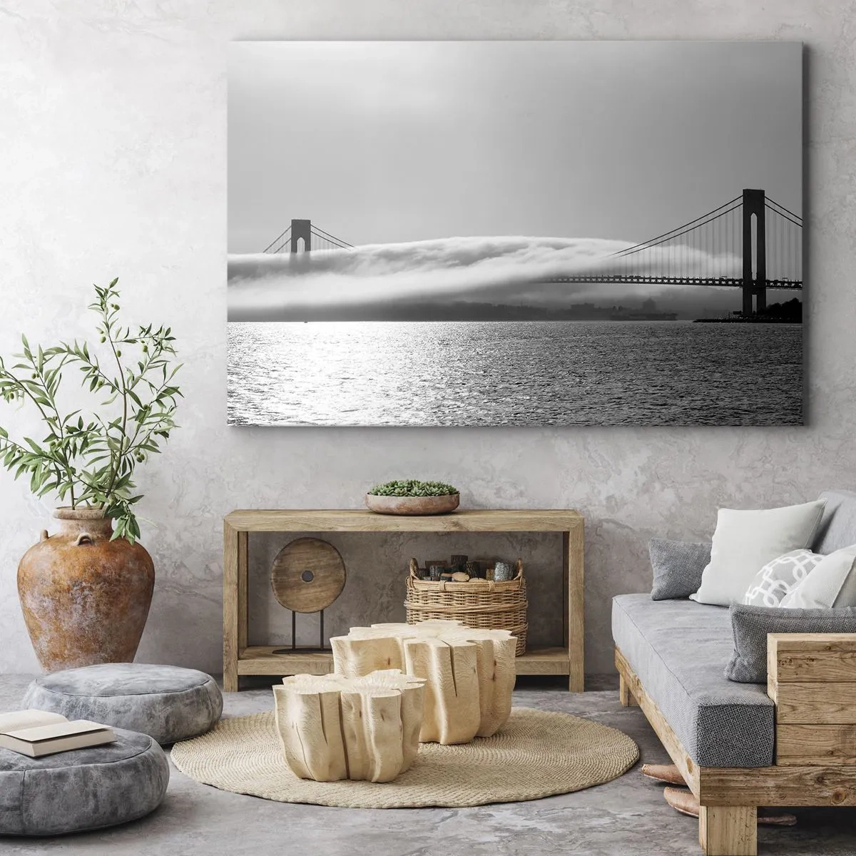 Tablou pe pânză Canvas - Un pod peste apă învăluit în ceață, într-o fotografie alb-negru - 70x50cm - Să trecem prin Golden Gate - Decorațiune modernă pentru perete pentru living și dormitor ARTTOR