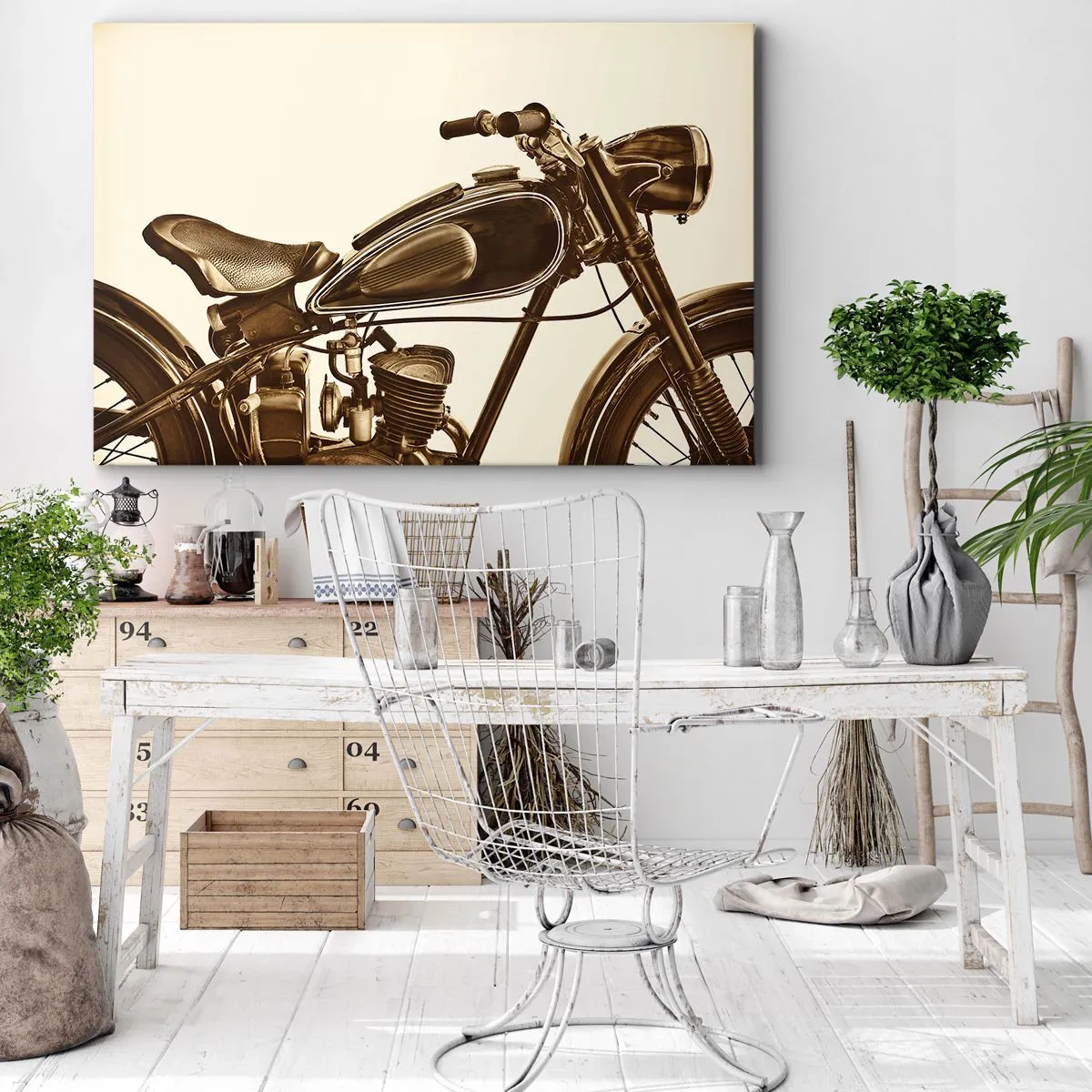 Tablou pe pânză Canvas - O motocicletă retro de epocă pe un fundal deschis - 70x50cm - Dorul de clasici - Decorațiune modernă pentru perete pentru living și dormitor ARTTOR