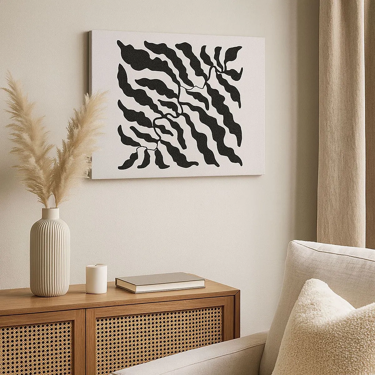 Tablou pe pânză Canvas - Crenguțe cu frunze negre pe fundal deschis - 70x50cm - Natura pătratului - Decorațiune modernă pentru perete pentru living și dormitor ARTTOR