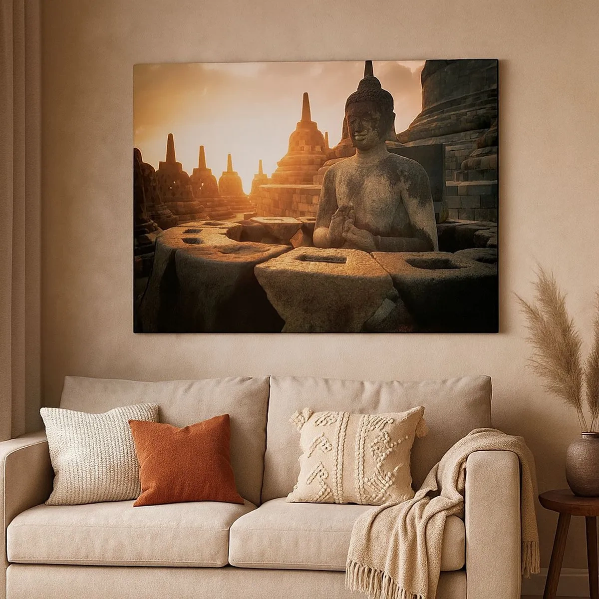 Tablou pe pânză Canvas - Statuia lui Buddha la Templul Borobudur la apus - 70x50cm - Vreme de mare înțelepciune - Decorațiune modernă pentru perete pentru living și dormitor ARTTOR