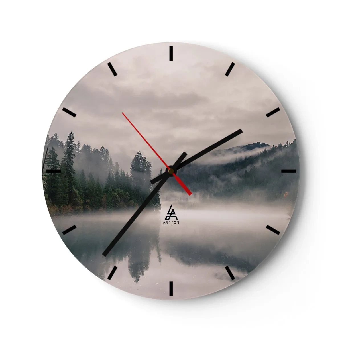 Ceas de perete - Ceas pe sticlă - Pădure cețoasă peste un lac liniștit dimineața - 30x30cm - În reverie, în ceață - Decorațiune modernă pentru perete pentru living, bucătărie și dormitor ARTTOR
