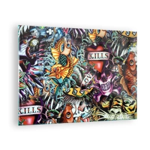 Tablou pe sticlă - compoziție colorată de modele inspirate de arta tatuajelor - 70x50cm - Visul unui artist tatuator - Decorațiune modernă pentru perete pentru living și dormitor ARTTOR