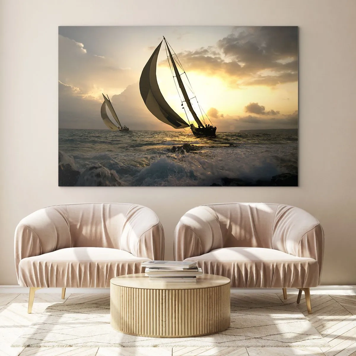 Tablou pe sticlă - Bărci cu pânze pe o mare furtunoasă la apus - 70x50cm - Vânt în jos și în sus - Decorațiune modernă pentru perete pentru living și dormitor ARTTOR