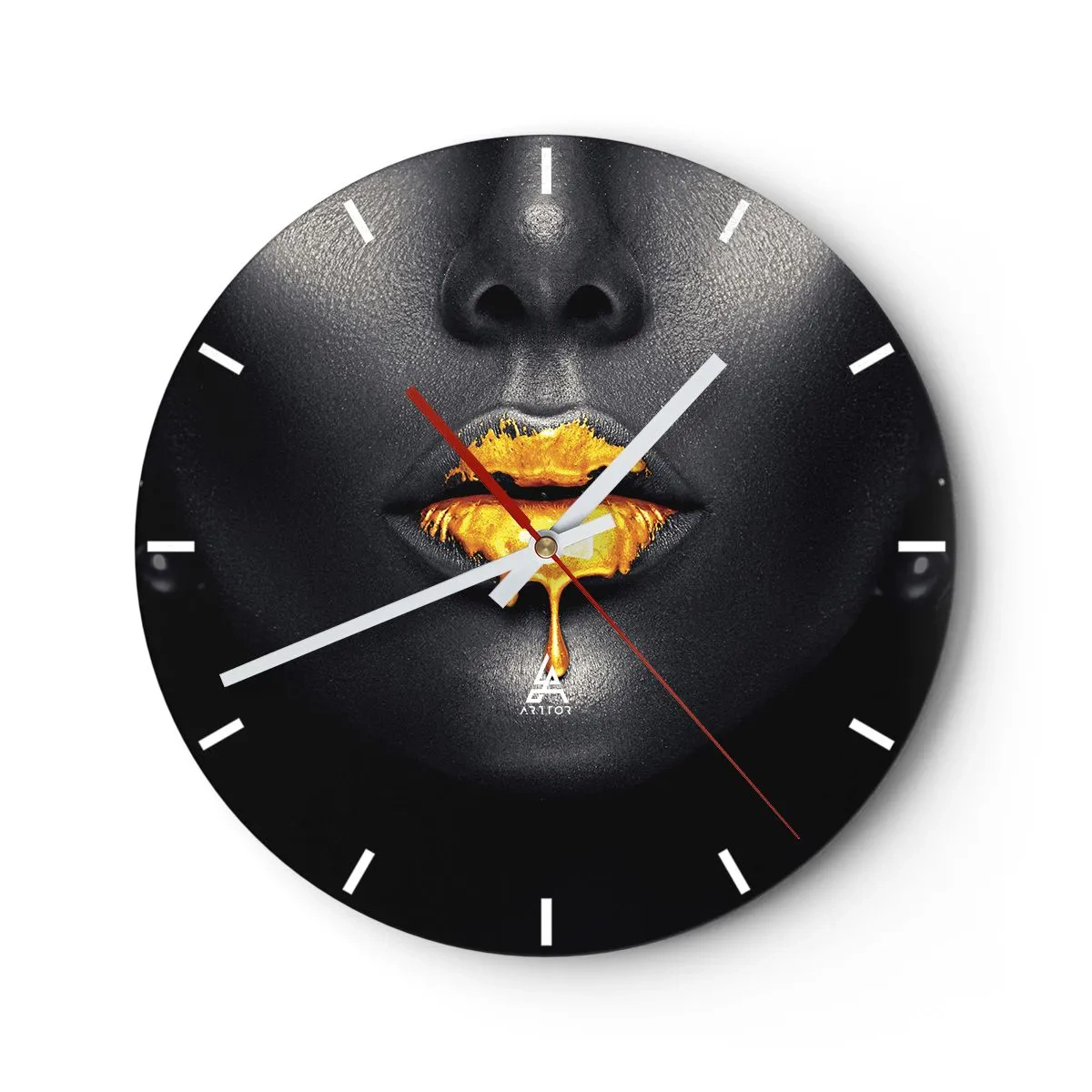 Ceas de perete - Ceas pe sticlă - Buze aurii pe fundal negru într-un stil artistic - 30x30cm - Buzele de aur - Decorațiune modernă pentru perete pentru living, bucătărie și dormitor ARTTOR