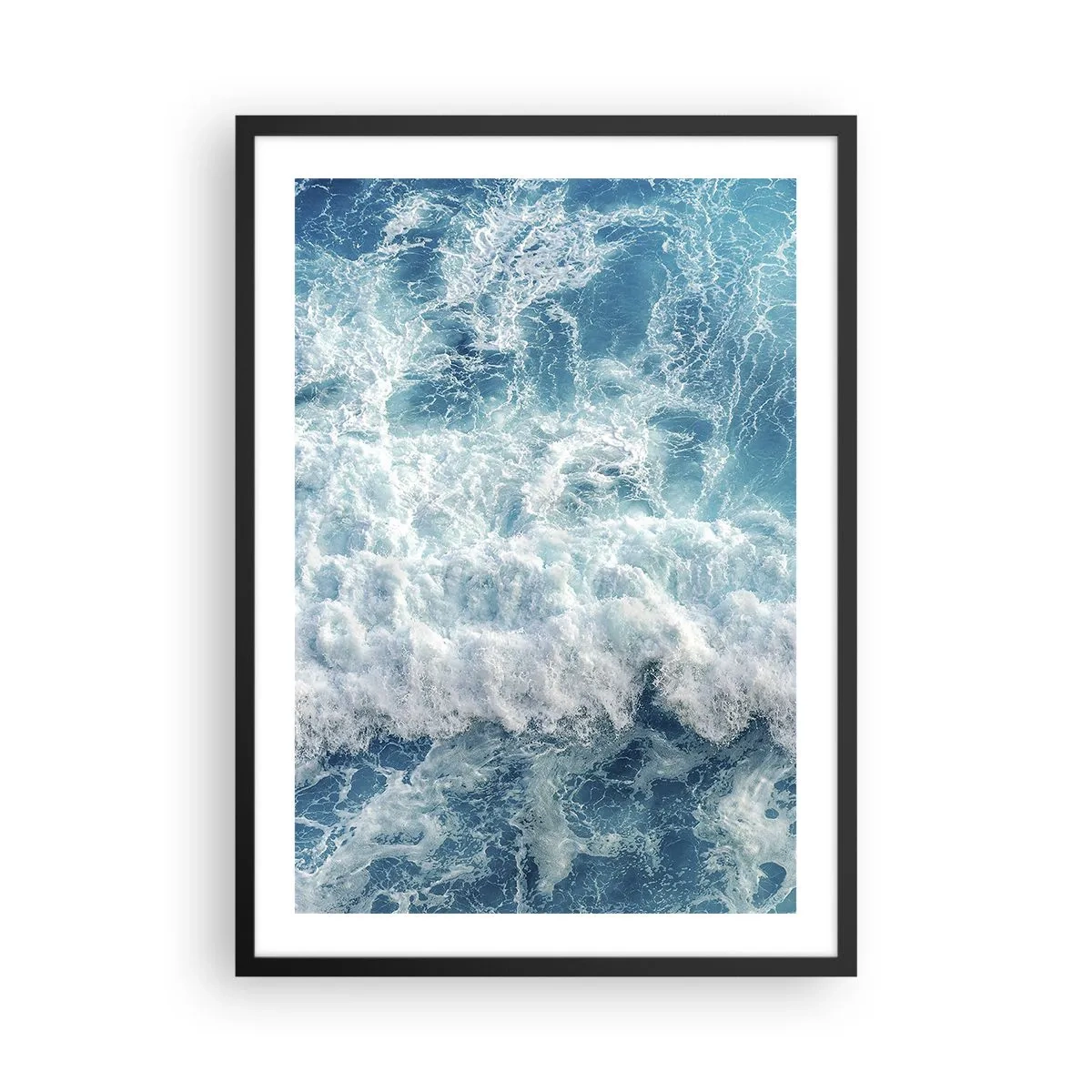 Poster în ramă neagră - Valuri dinamice ale mării în nuanțe de albastru - 50x70cm - Cu bucurie și în salturi - Decorațiune modernă pentru perete pentru living și dormitor ARTTOR