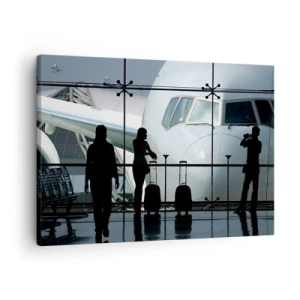 Tablou pe pânză Canvas - Aeroport cu siluete de oameni și o vedere a avionului - 70x50cm - Vis a vis la aeroport - Decorațiune modernă pentru perete pentru living și dormitor ARTTOR
