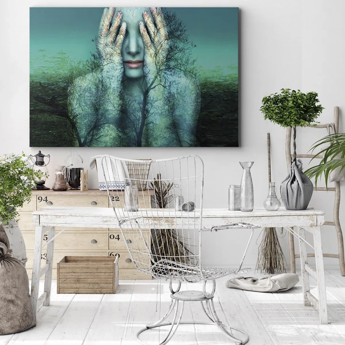 Tablou pe pânză Canvas - Figură feminină cu motiv de copac pe un fundal turcoaz - 70x50cm - Scufundată în albastru - Decorațiune modernă pentru perete pentru living și dormitor ARTTOR
