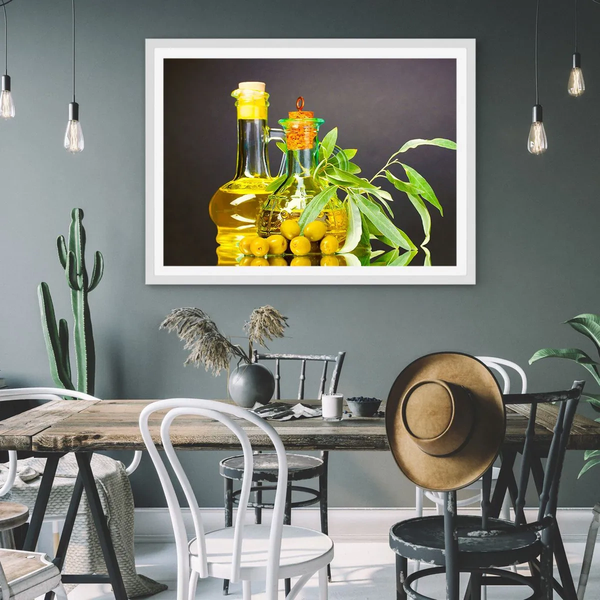 Poster în ramă albă - Natură moarte cu măsline și ulei - 91x61 cm