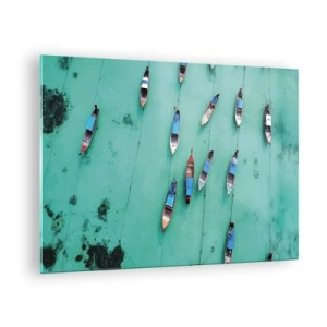 Tablou pe sticlă - Bărci pe ape turcoaz văzute de sus - 70x50cm - În așteptare - Decorațiune modernă pentru perete pentru living și dormitor ARTTOR
