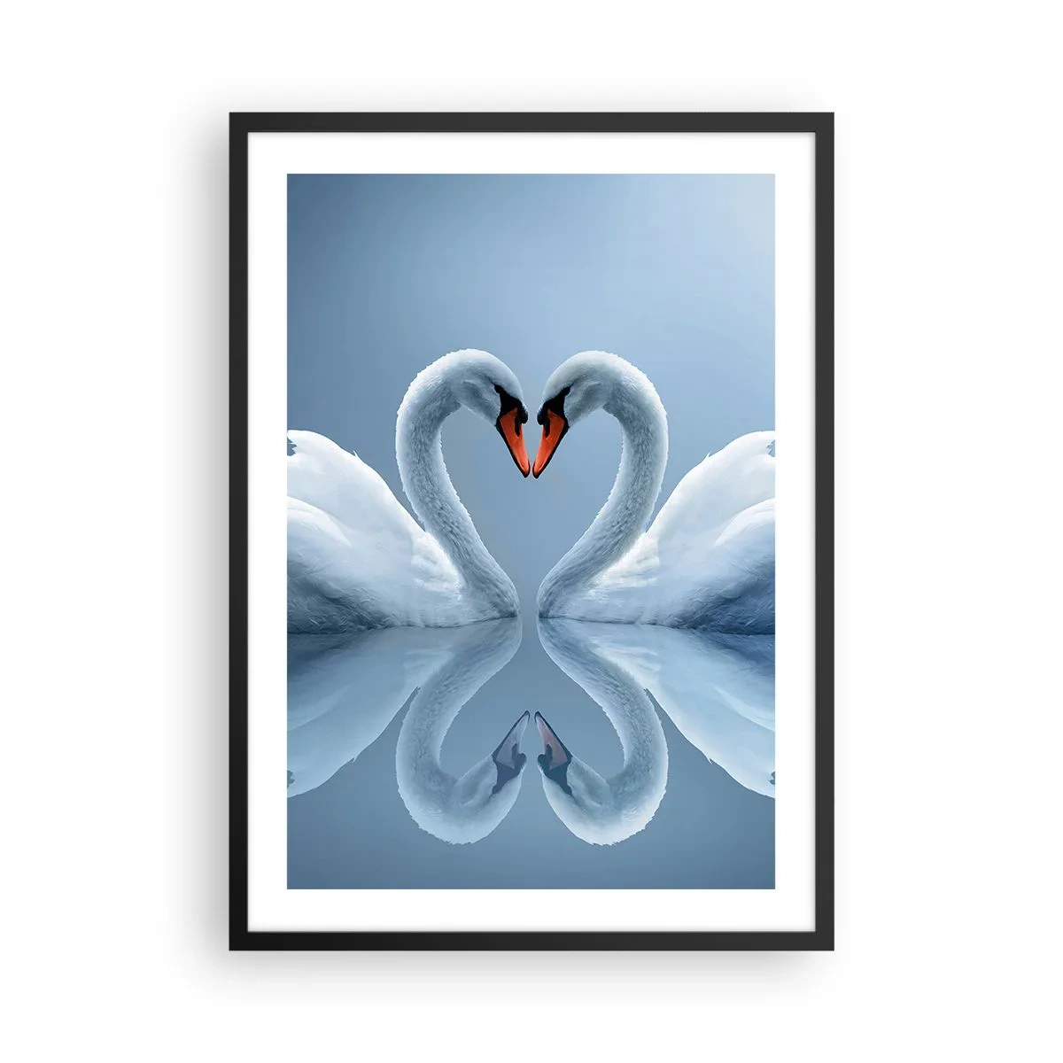 Poster în ramă neagră - Lebede în formă de inimă pe cer - 50x70cm - Timp pentru dragoste - Decorațiune modernă pentru perete pentru living și dormitor ARTTOR